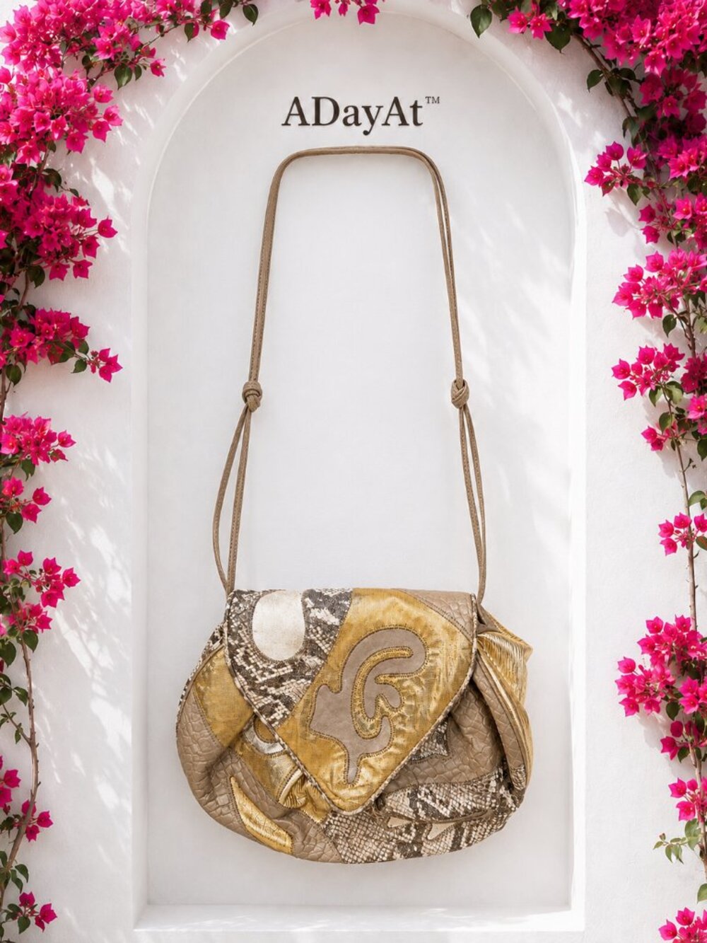 Vintage Sharif USA Metallic Patchwork Leather Crossbody Gold Snake Embossed Art